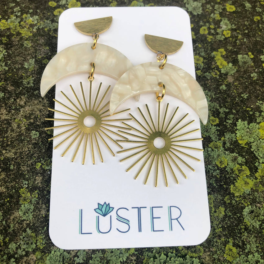 Crescent Moon Starburst Dangle Unique Statement Earrings