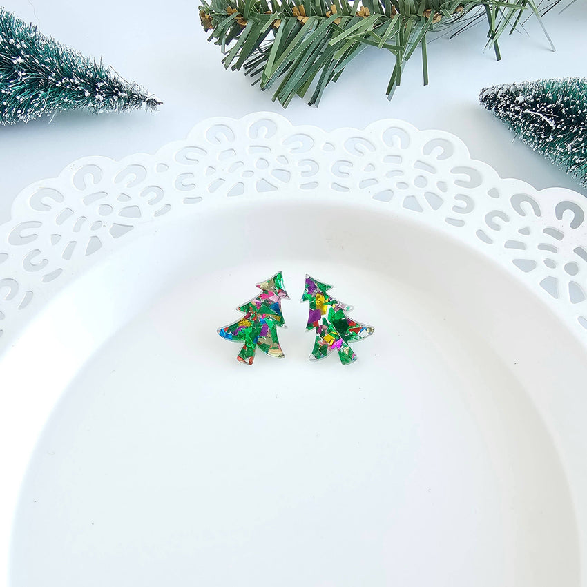 Christmas Tree Studs - Green Sparkle // Holiday Earrings