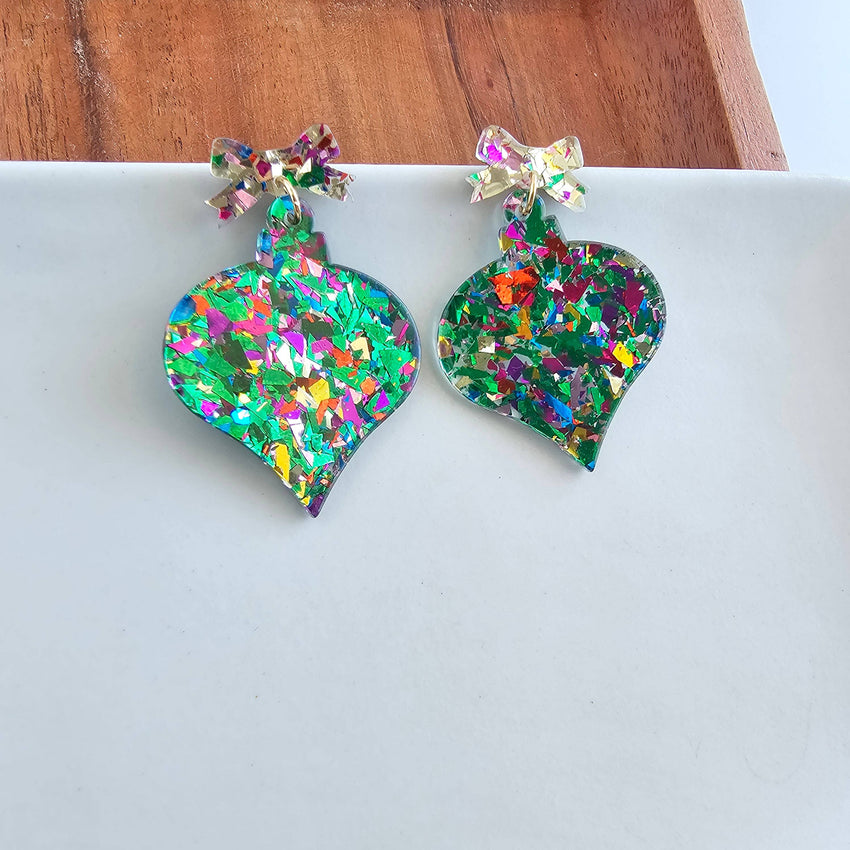 Christmas Ornament Earrings - Green Sparkle // Holiday