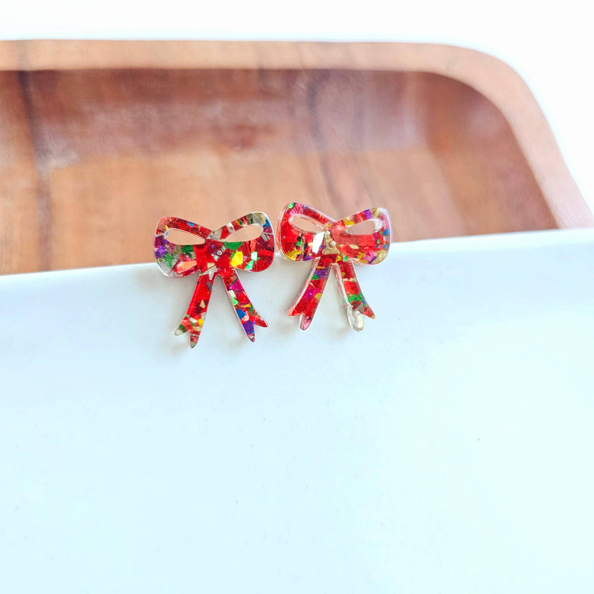 Bow Studs - Red Sparkle