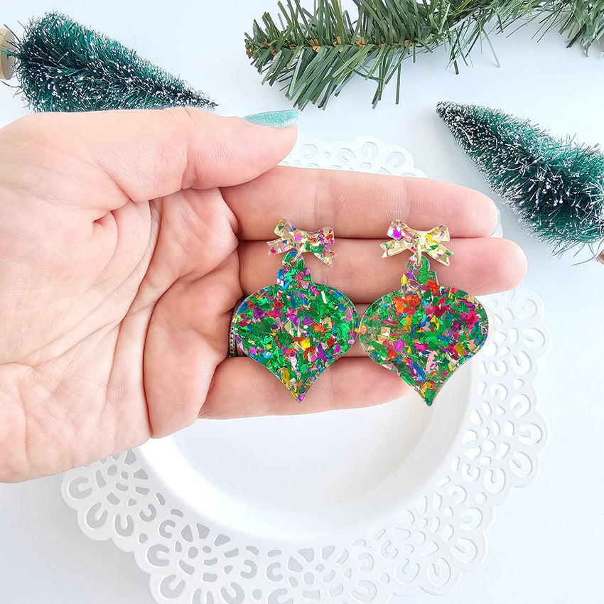 Christmas Ornament Earrings - Green Sparkle // Holiday