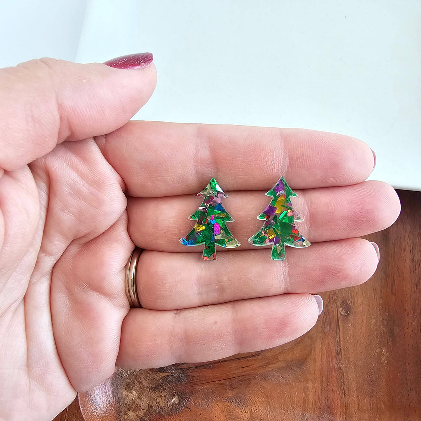 Christmas Tree Studs - Green Sparkle // Holiday Earrings