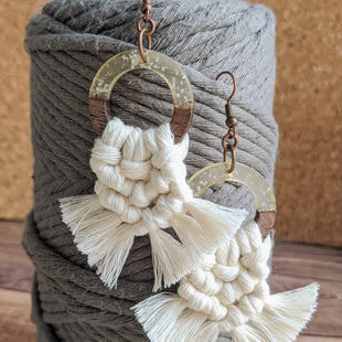 Wood, Glitter Resin, and Cream Macrame Earrings