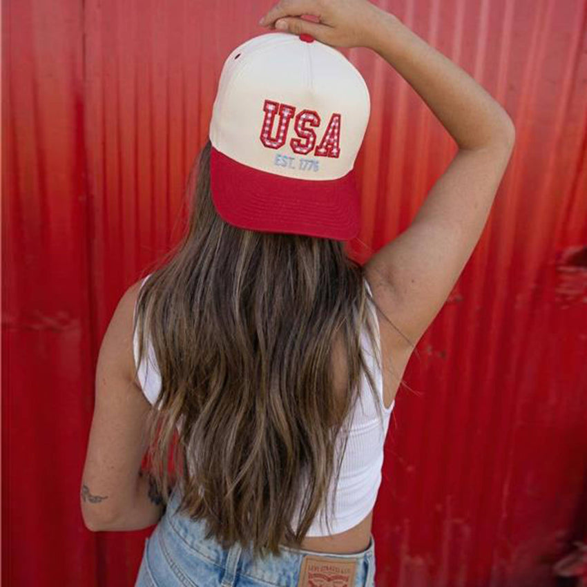 Gingham Check USA EST 1776 Letter Two Tone Trucker Hat