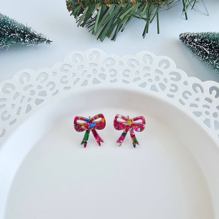 Bow Studs - Pink Sparkle  // Christmas, Holiday, Earrrings