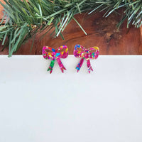 Bow Studs - Pink Sparkle  // Christmas, Holiday, Earrrings