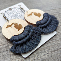 Michigan Engraved Wood Macrame Earrings