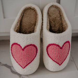 Pink/Red Heart Scuff Fuzzy Slippers