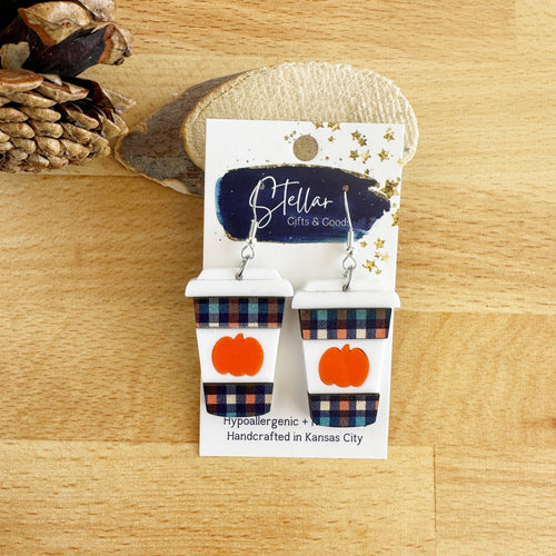 SALE! Orange & Navy Plaid Pumpkin Spice Latte Dangles - PSL Coffee