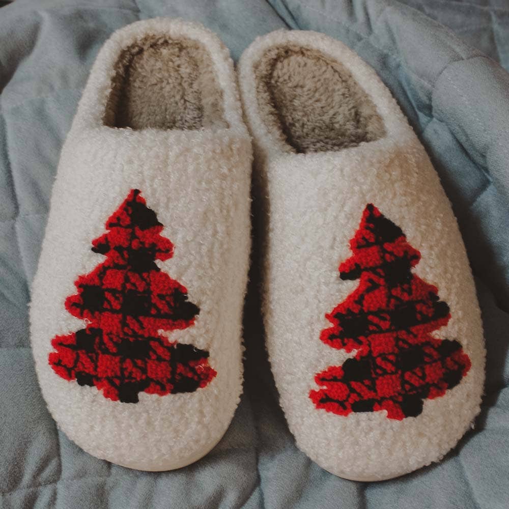 SALE! Buffalo Plaid Christmas Tree Sherpa Slippers -ONE SIZE LEFT