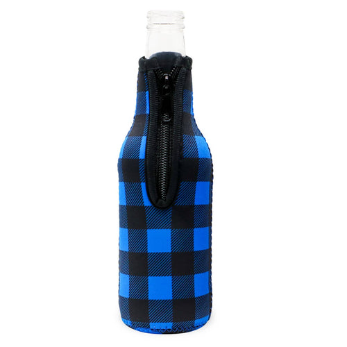 Insulated Beer bottle Sleeve Coozie - Blue Plaid