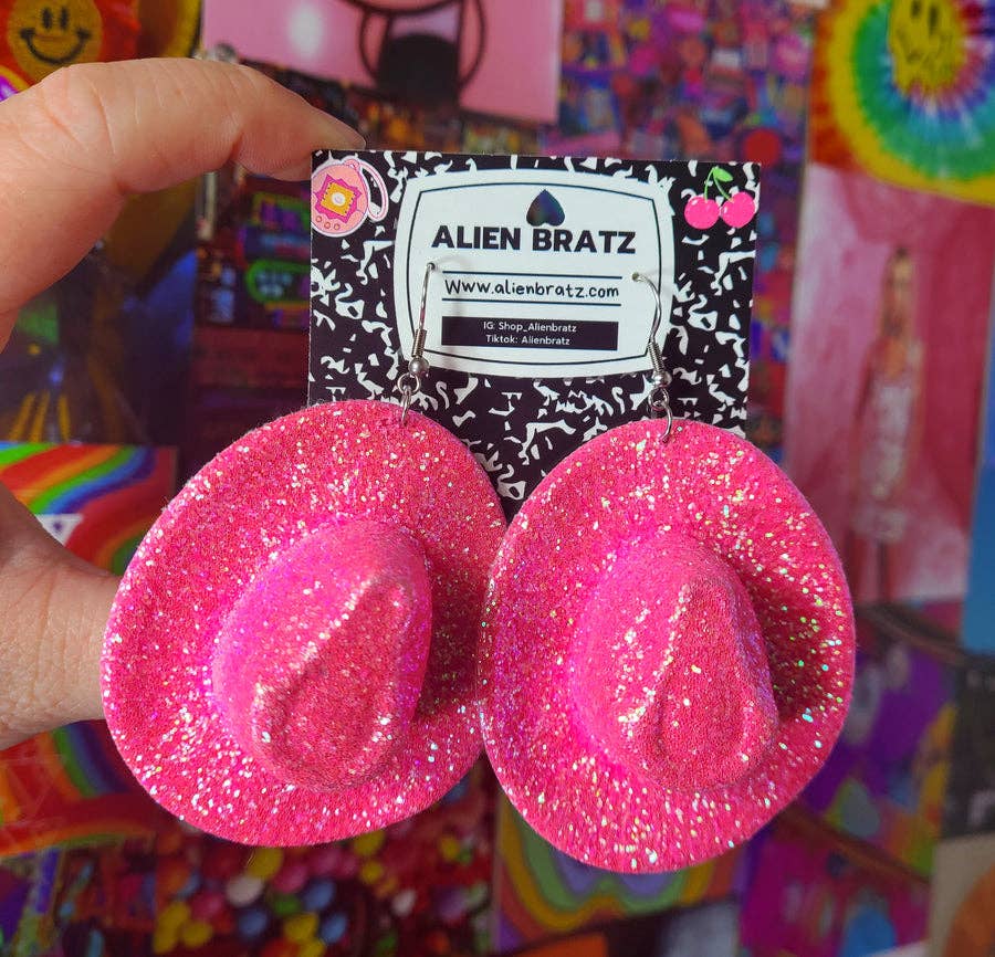 SALE! Glittery Hot Pink Cowboy Hat Earrings