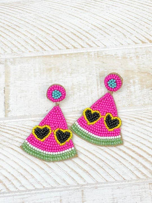 Summer Watermelon Slice Beaded Dangle Earrings