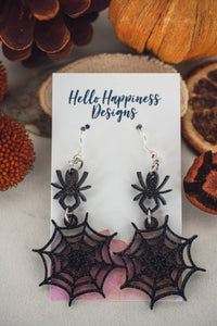 Spider with Spiderweb Glitter Dangle Halloween Earrings