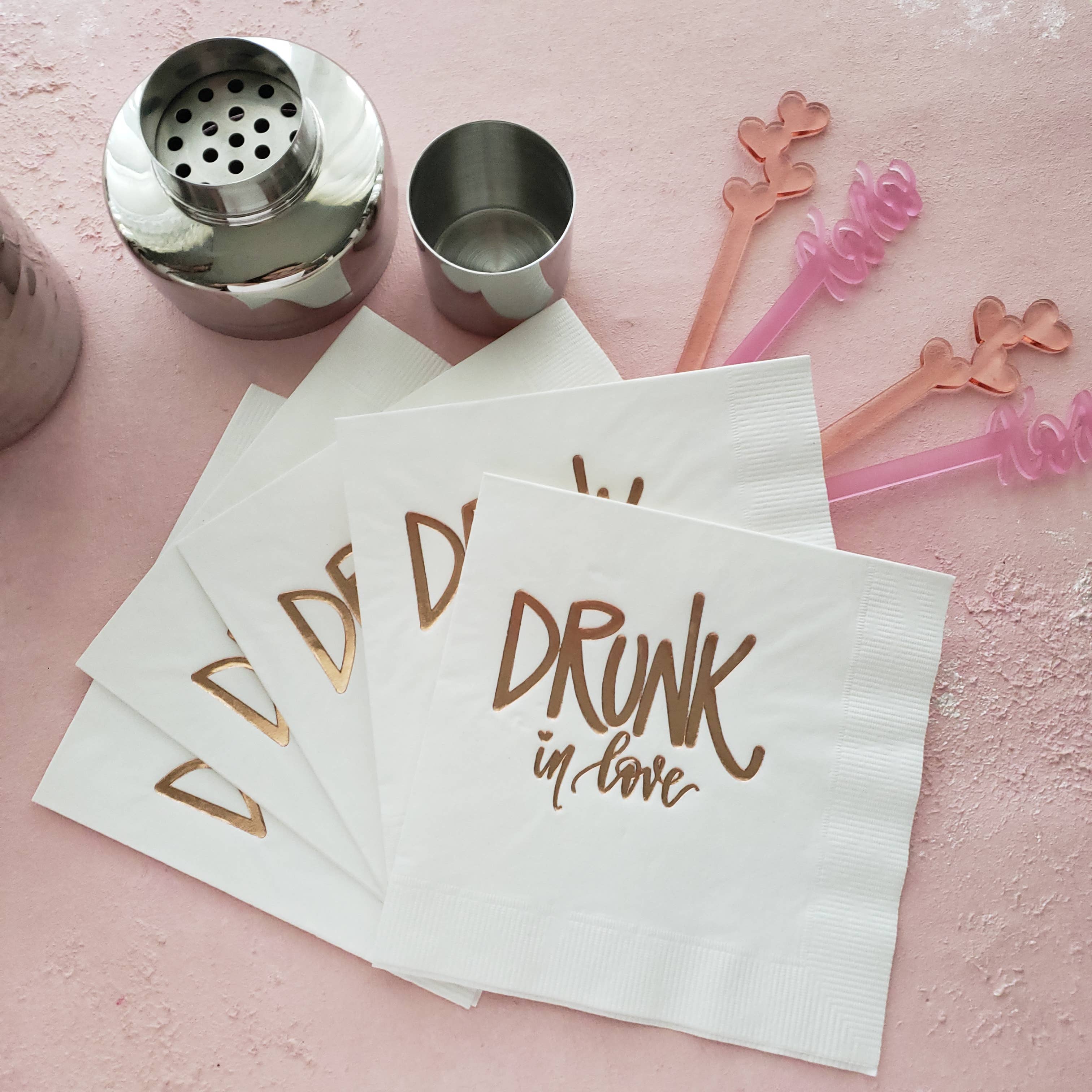 Bachelorette Party Napkins - Drunk in Love Rose Gold foil