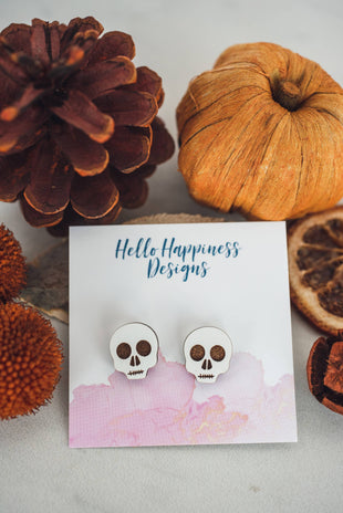 SALE! White Skull Wood Studs - Halloween Earrings