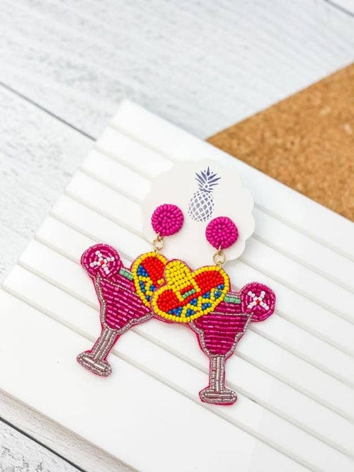 SALE! Margarita Sombrero Beaded Dangle Earrings - Pink