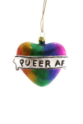 Queer AF Rainbow Heart Glass Ornament