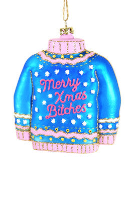 Ugly Christmas Sweater "Merry Xmas Bitches" Glass Ornament - Sweary ornaments