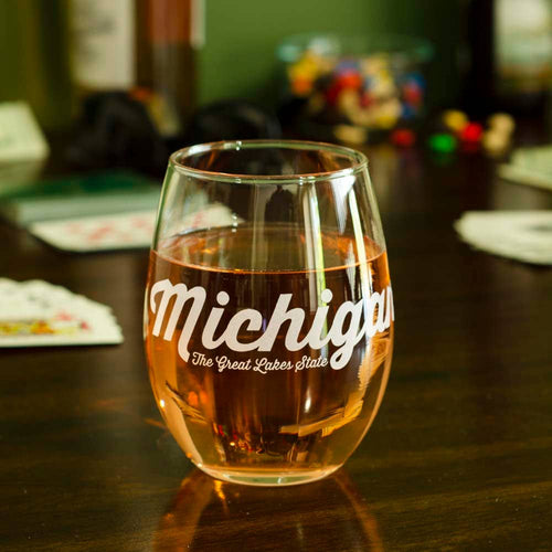 Stemless Wine Glass - Michigan Script