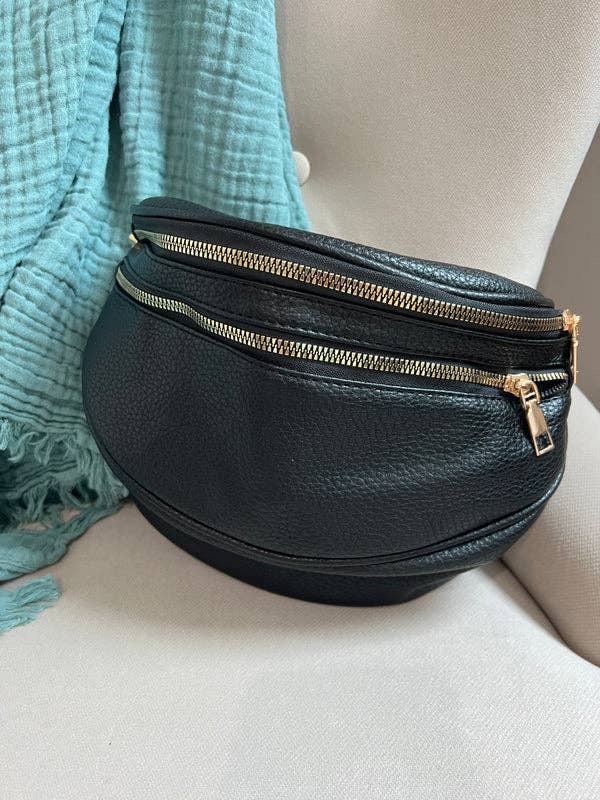 Double Zipper Crossbody Belt Bag - Black - Plus Sized Friendly!