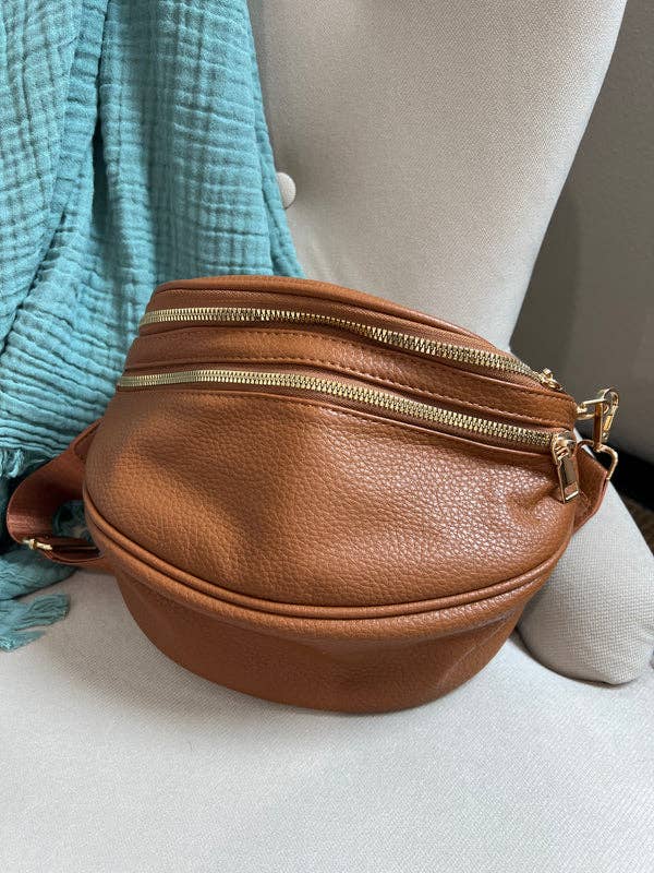 Double Zipper Crossbody Belt Bag - Camel - Plus Sized Friendly!